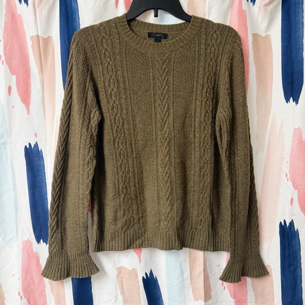 J. Crew Green Brown Wool Blend Cable Knit Flare Cuff Crewneck Sweater Size Small